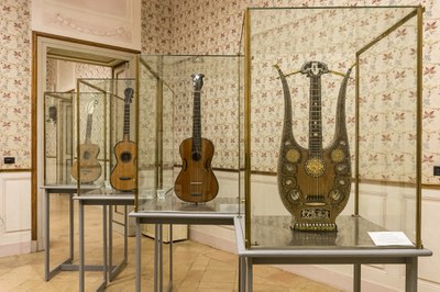 Sixty music instruments, violins, violas,  viole d'amore, pochettes, hurdy-gurdies, guitars, english-guitars, mandolins and liutes, made by the main European handicraft men from the 17th to the 19th Century