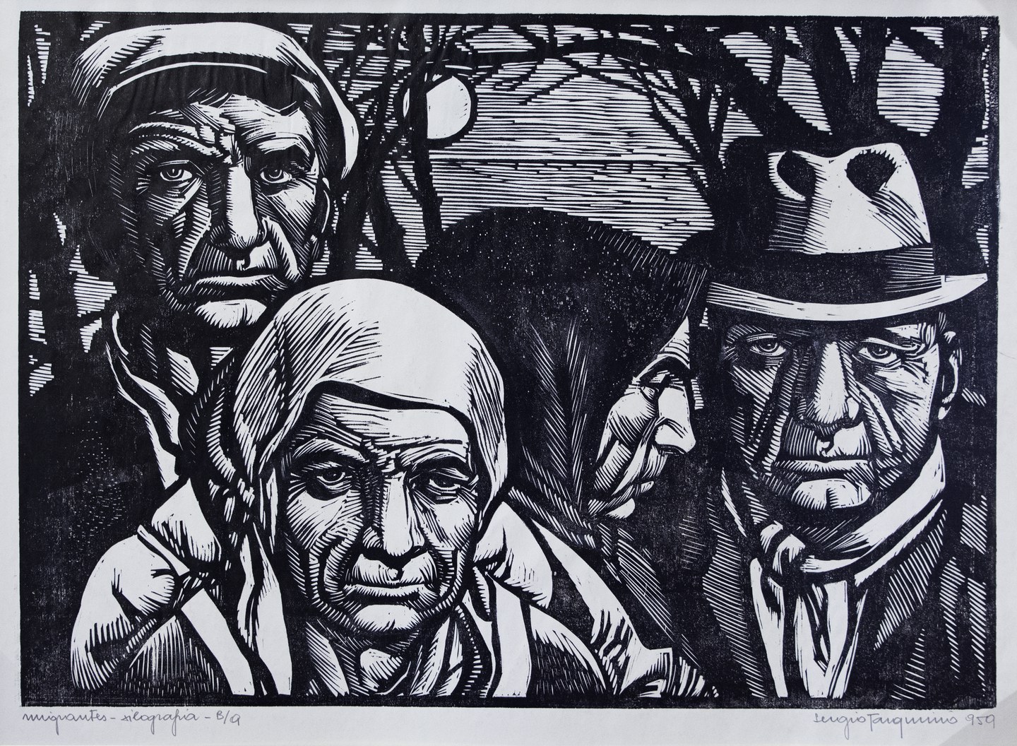 incisione con volti di migranti del 900