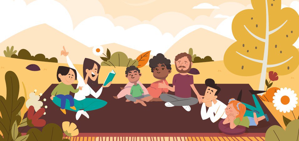 Disegno con famiglie che leggono in uno spazio naturale, in autunno