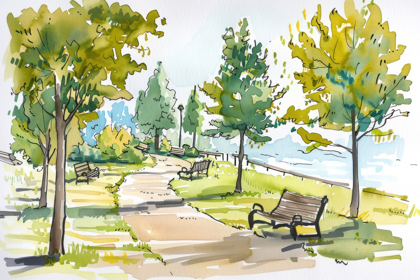 parco urbano con panchina, il fiume scorre a sinistra